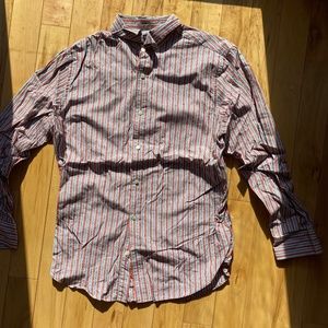 Banana Republic Mens Cotton LS Button‎ Up Gray Brick Red Striped Shirt